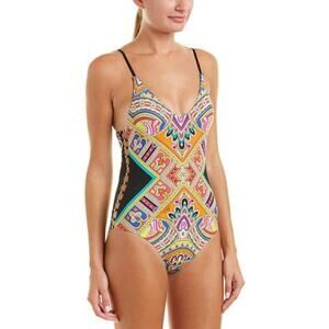 Trina Turk Nepal Printed One Piece Swimsuit Beaded Cut Out Side Strappy Back 10